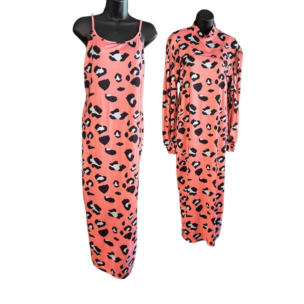 Coral Pink Leopard Print 2 Piece Maxi Dress and Shrug Set XL Bolero Mock Neck